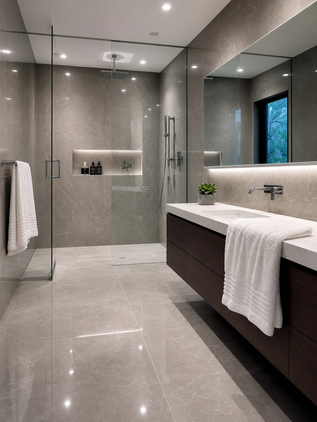 Clean, modern tiled private bathroom with glass shower and natural lighting