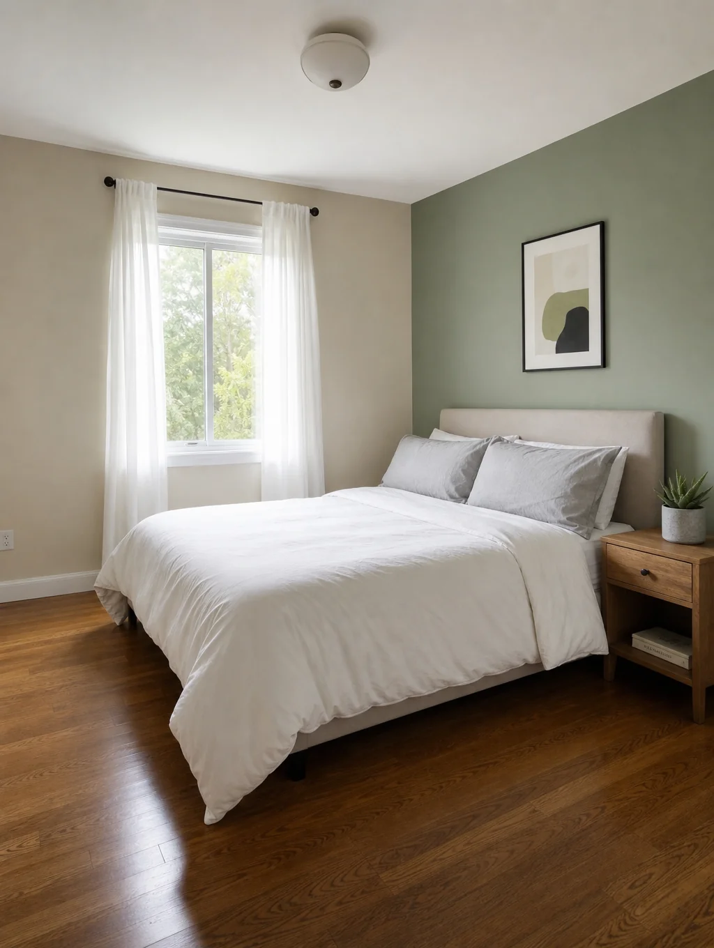 Comfortable private bedroom with warm decor and framed botanical art